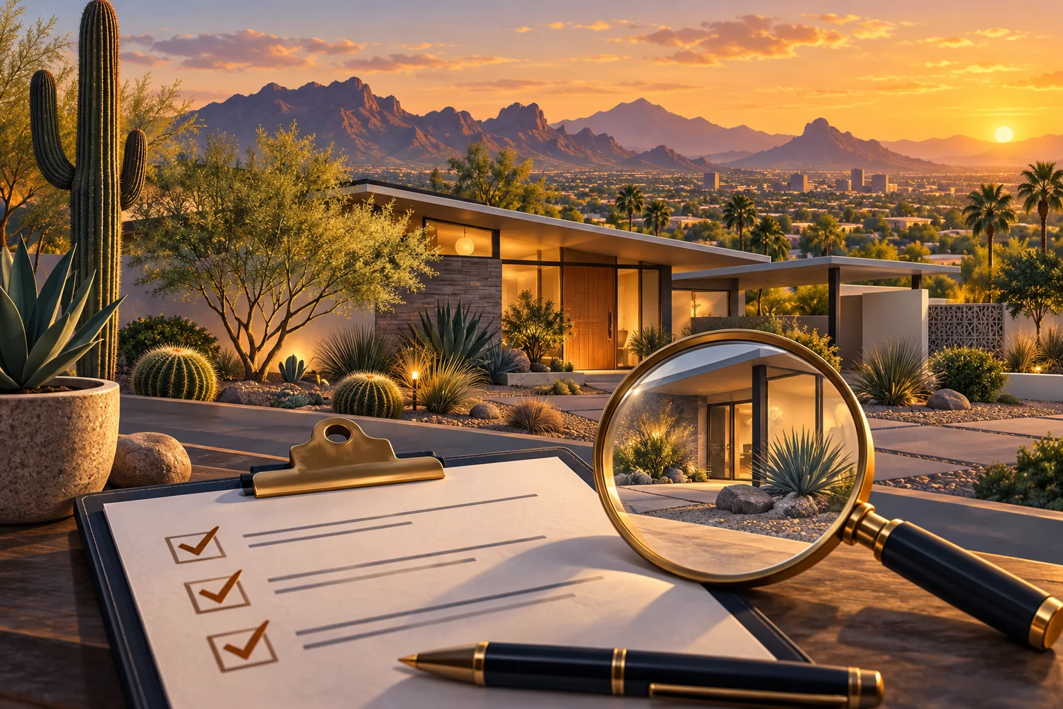 Illustration of a Phoenix home, appraisal checklist and magnifying glass