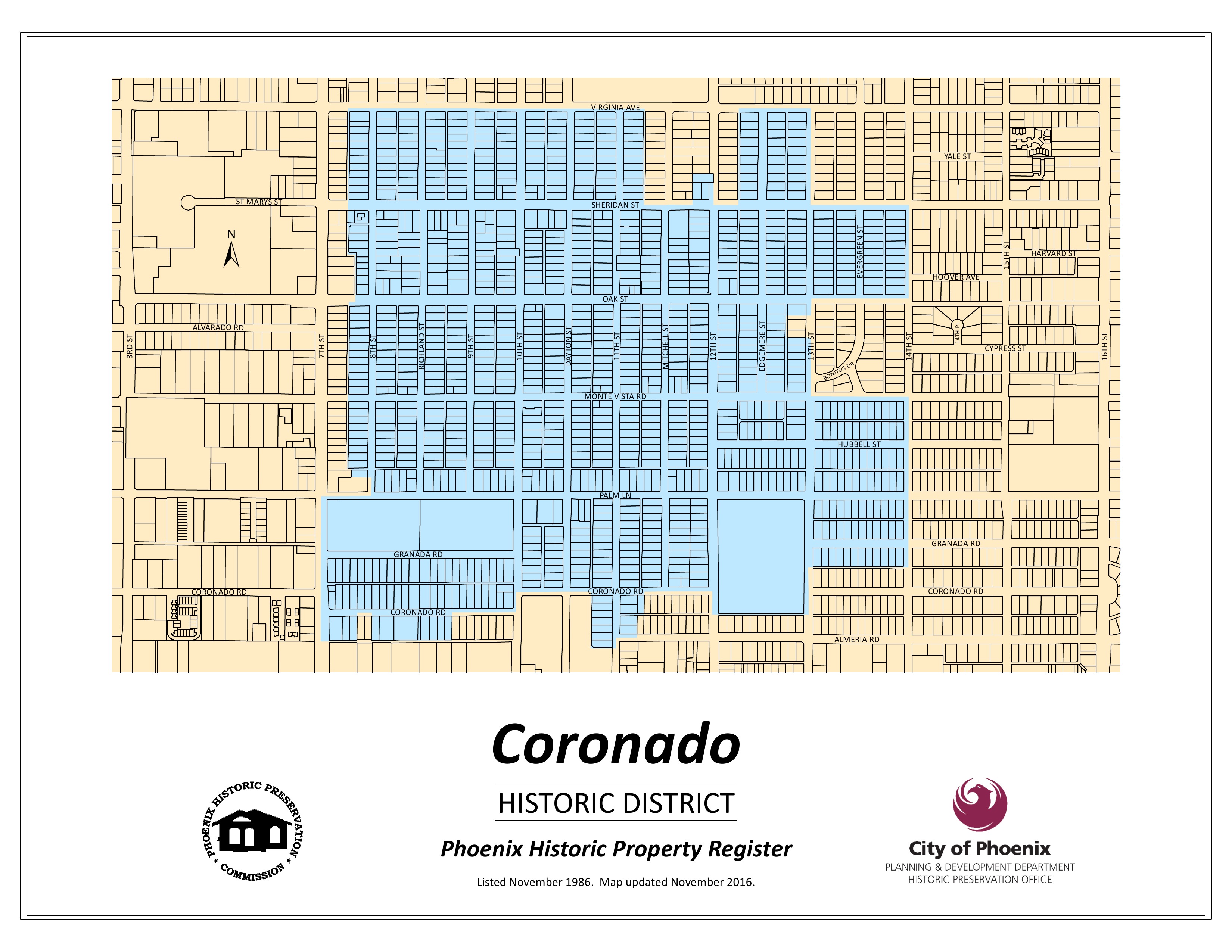 City of Phoenix Coronado historic district map highlighting irregular parcels between 7th and 16th Streets from Virginia Avenue toward Coronado Road and McDowell Road
