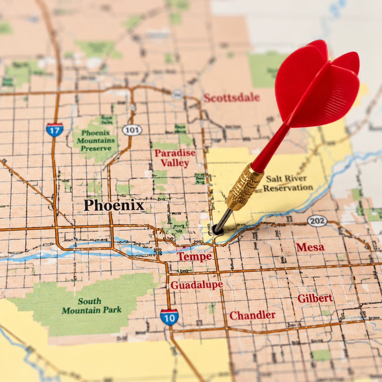 Red dart planted in a Phoenix metro map