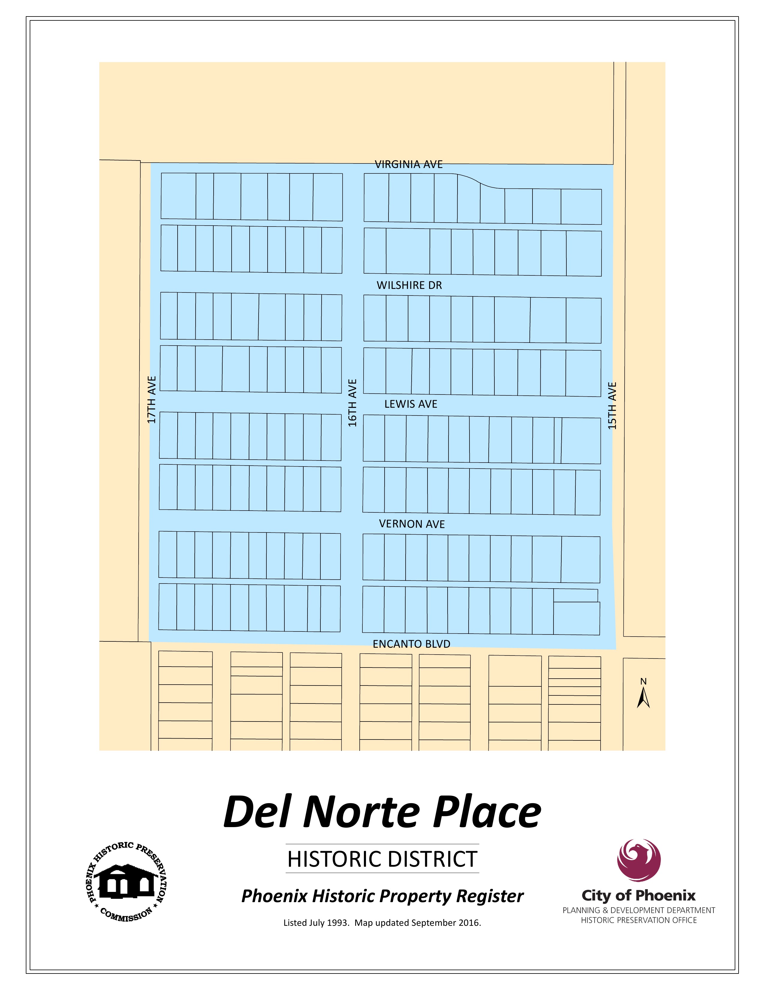 City of Phoenix Del Norte Place Historic District map, Virginia Avenue to Encanto Boulevard between 15th and 17th Avenues