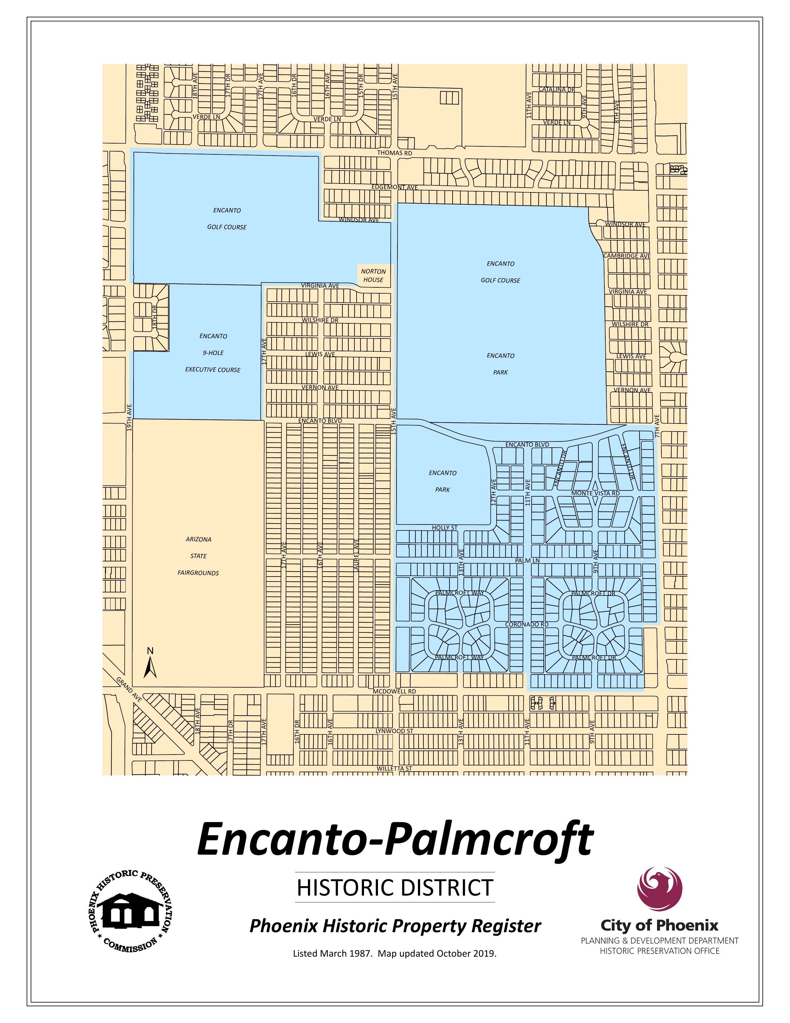 City of Phoenix Historic Property Register map shading the Encanto–Palmcroft historic district next to Encanto Park