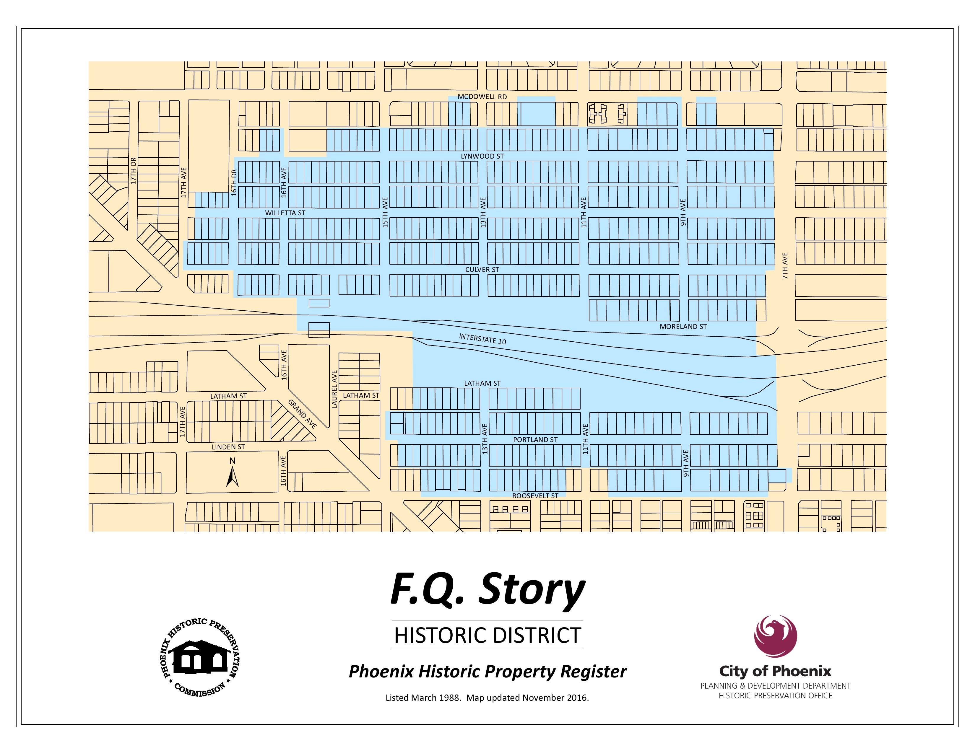 City of Phoenix F.Q. Story historic district map showing highlighted blocks north and south of Interstate 10, McDowell Road, Roosevelt Street, 7th Avenue and Grand Avenue