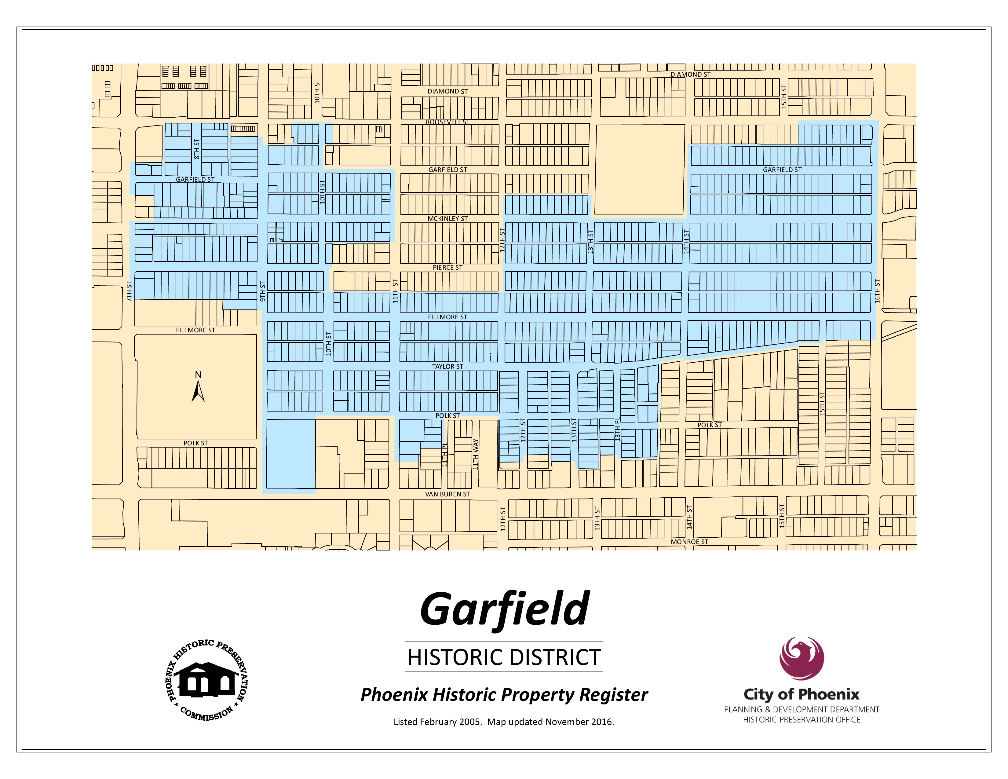City of Phoenix Garfield Historic District map highlighting selected blocks east of 7th Street and south of Roosevelt Street