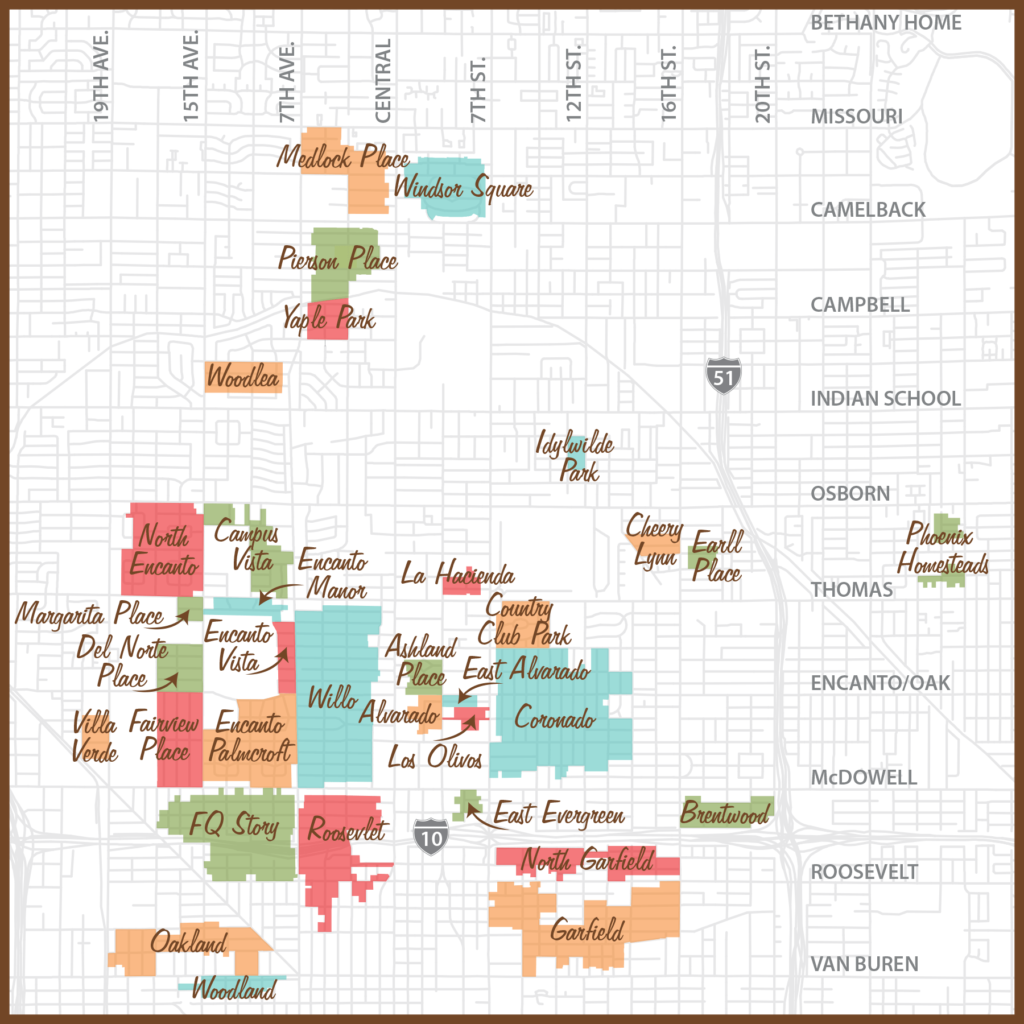 Map of the 36 Phoenix residential historic districts, with colored areas and labels; numbered buttons identify the eight districts featured in this tour