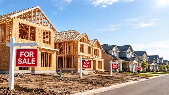New homes under construction beside completed homes with for-sale signs