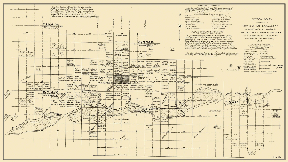 Retrospective sketch of the earliest homestead entries along the Salt River and the future Phoenix townsite