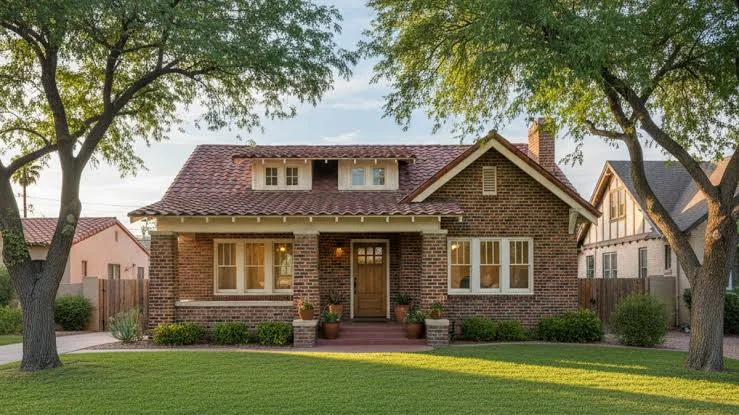Brick bungalow with broad front porch and dormer