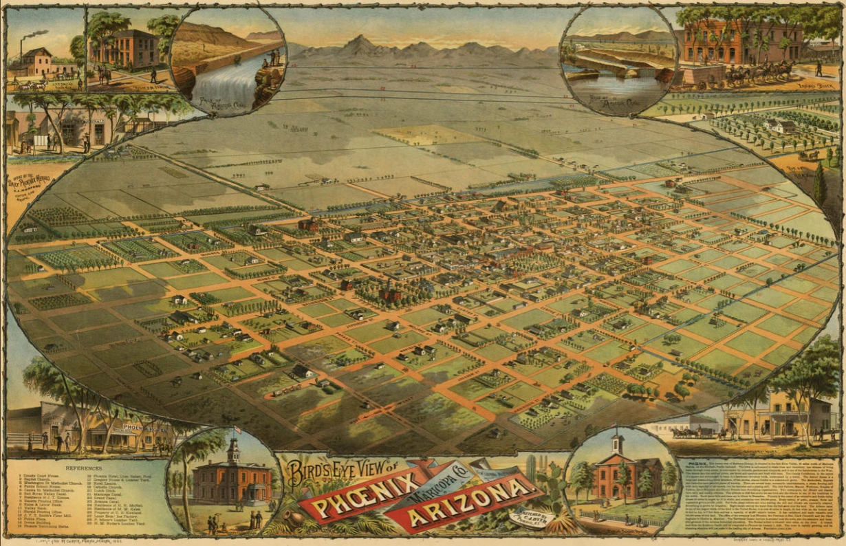 Decorated bird’s-eye map of the streets and fields of early Phoenix