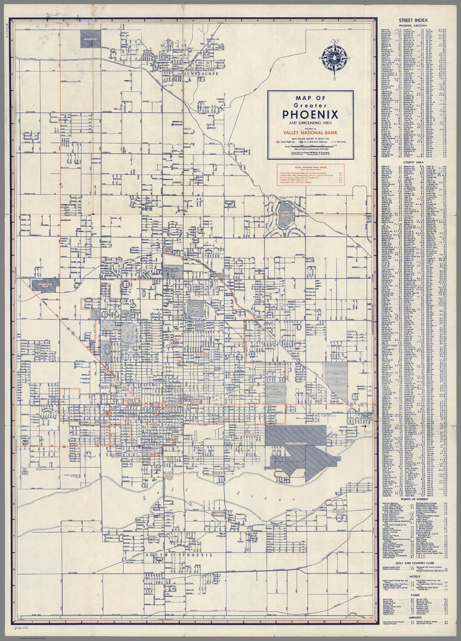 Phoenix street map showing the city and surrounding roads around 1949