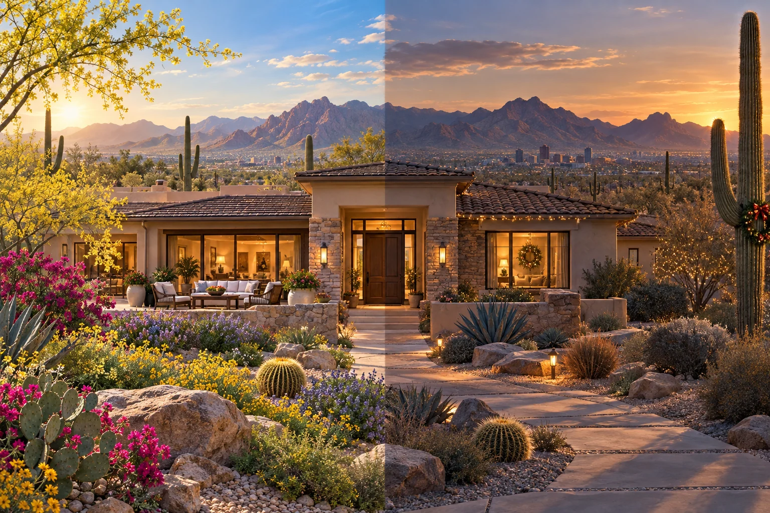 Illustration of a Phoenix house in spring and late-year light