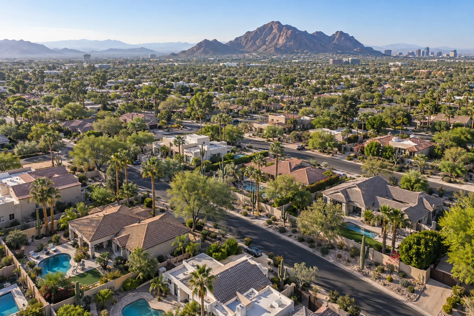 Aerial illustration of a Phoenix-area residential neighborhood in spring