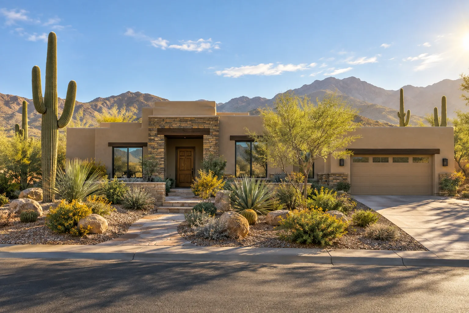 Sunlit Phoenix-area home with desert landscaping in summer