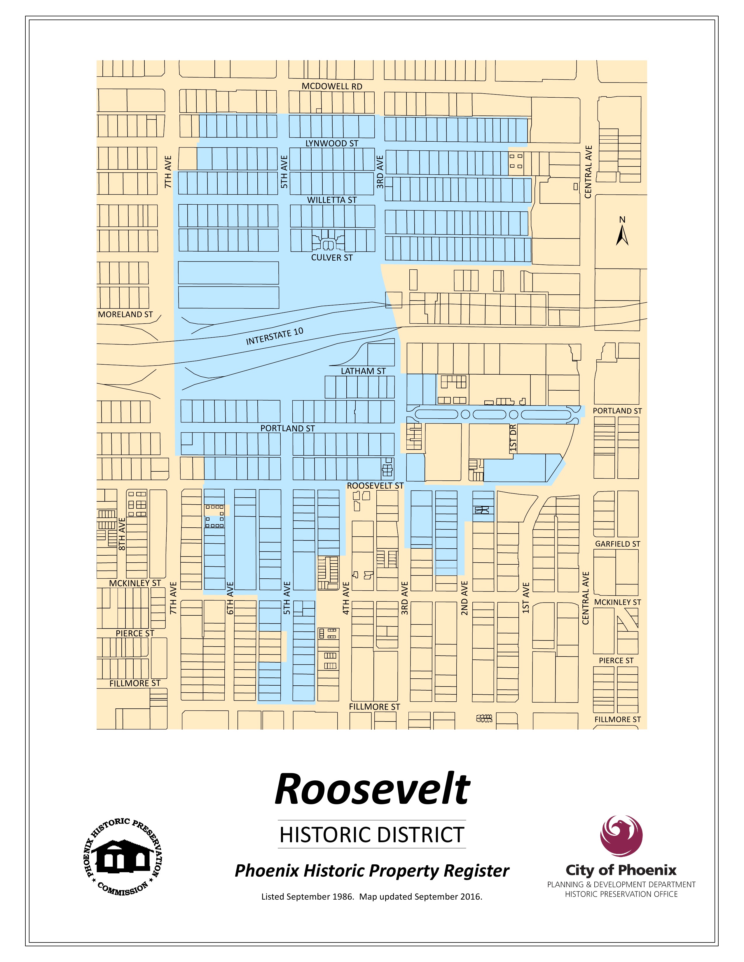 City of Phoenix Roosevelt Historic District map with highlighted blocks between 7th Avenue and Central Avenue, from McDowell Road toward Fillmore Street