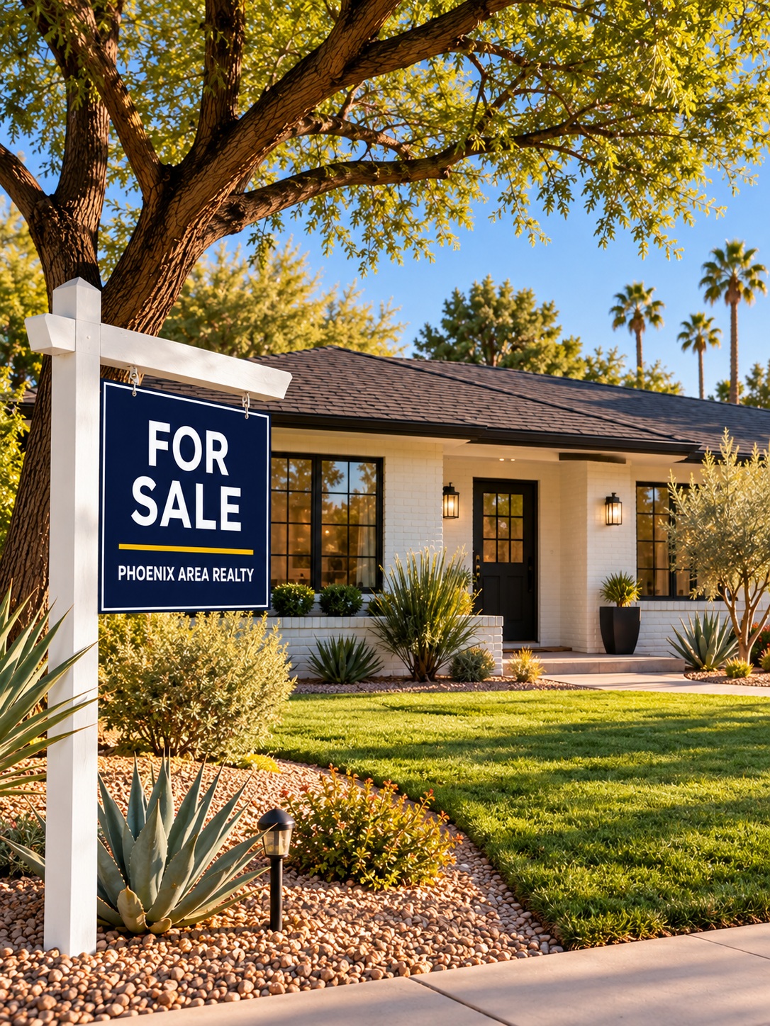 Photorealistic illustration of a Phoenix ranch-style home with a Phoenix Area Realty For Sale sign