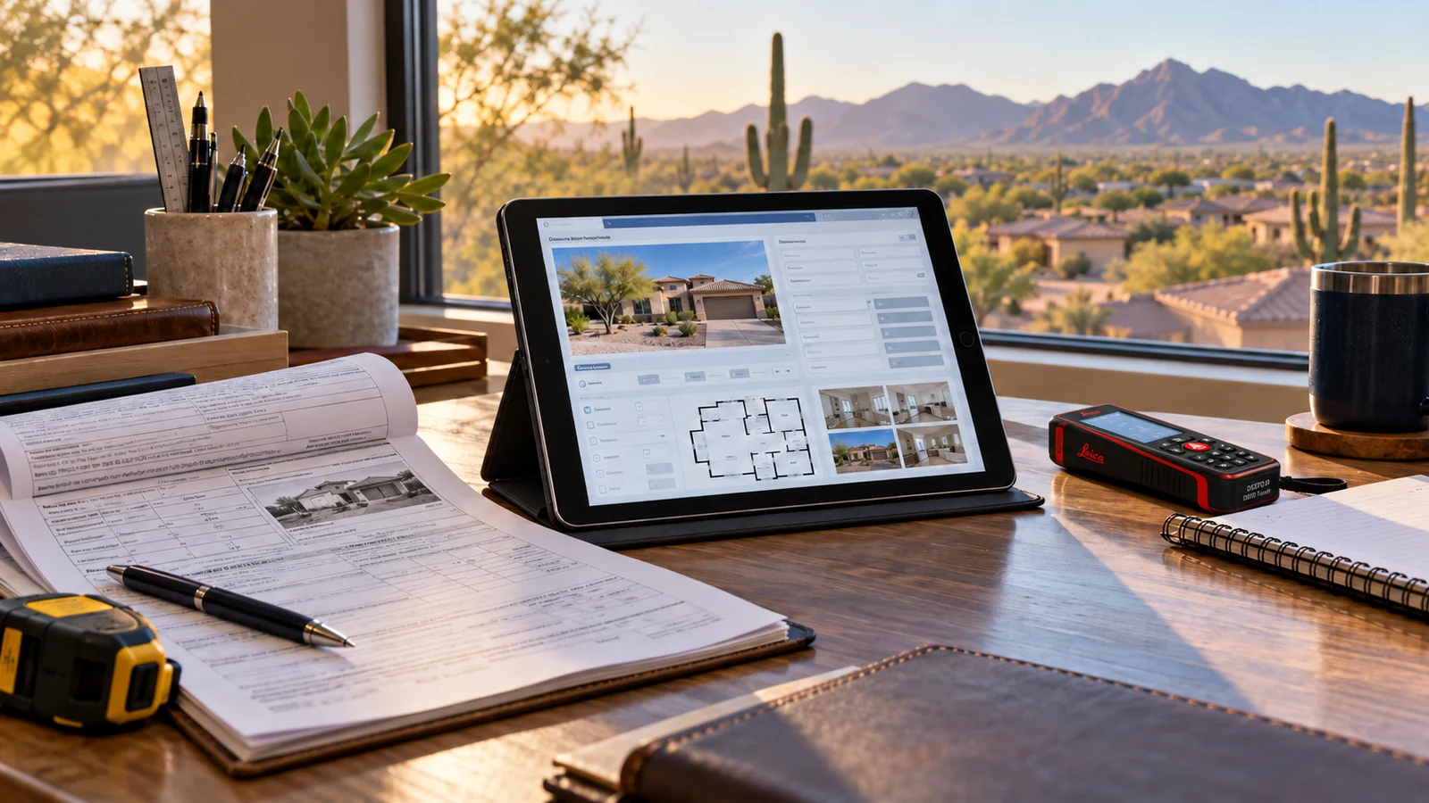 Appraiser using a Leica DISTO D810 laser measure with appraisal forms and an Arizona home