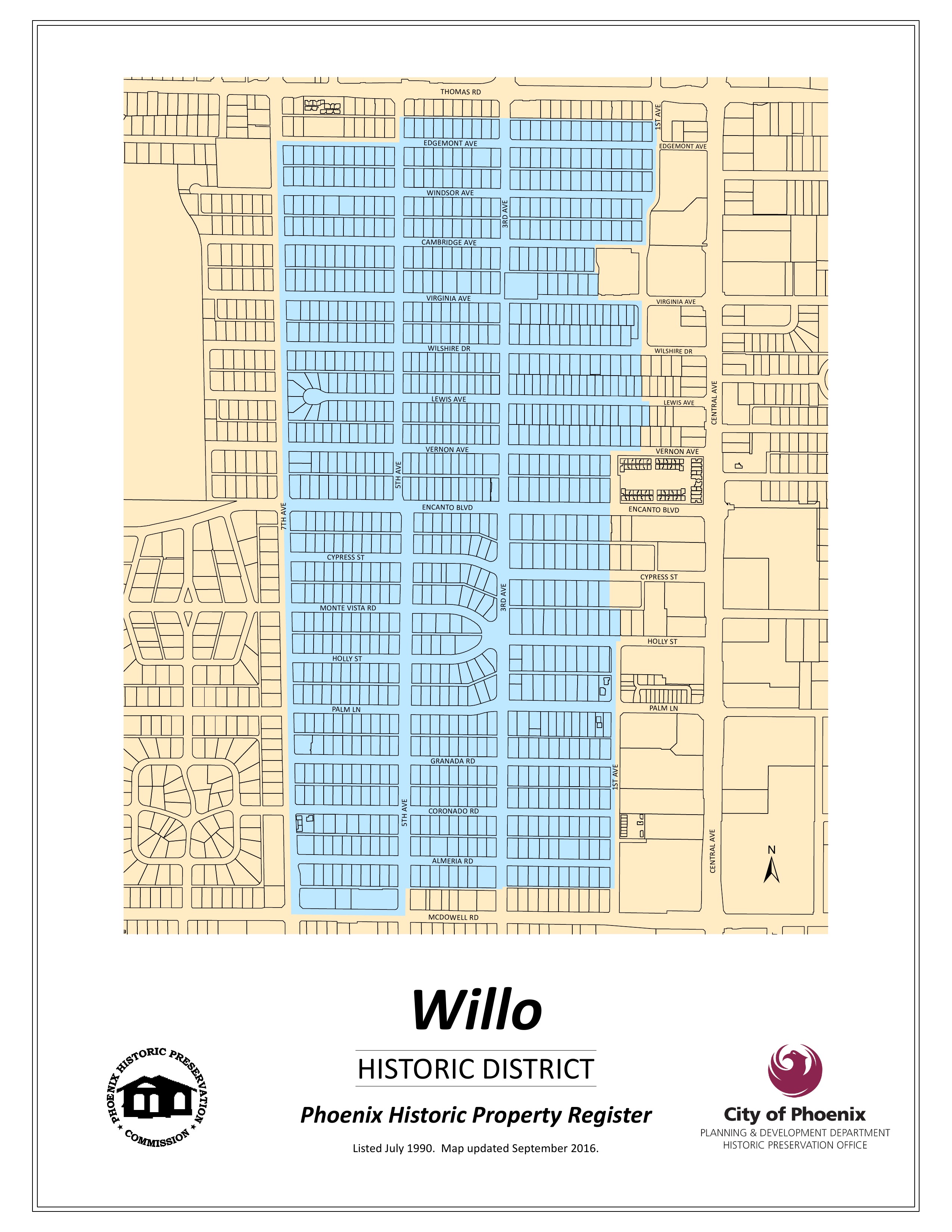 City of Phoenix Historic Property Register map showing the shaded Willo district between Thomas and McDowell, 7th and Central avenues